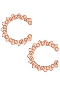Pendientes de oro rosa con forma circular, borde texturizado y acentos esféricos. El diseño tiene un acabado pulido y es ligero.