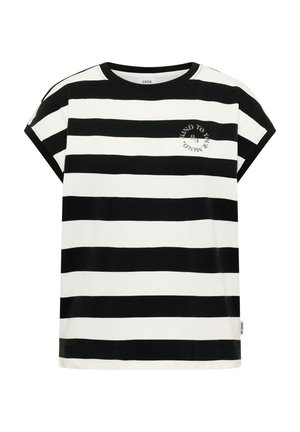 T-shirt à manches courtes rayé horizontal noir et blanc avec col rond et texte circulaire « Soyez bienveillant envers votre esprit » sur le côté gauche de la poitrine.