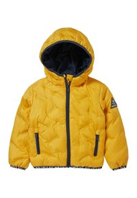 Doudoune jaune avec capuche, dotée d'une fermeture éclair et d'un doublure contrastante en bleu marine. Comprend deux poches latérales et des poignets côtelés.