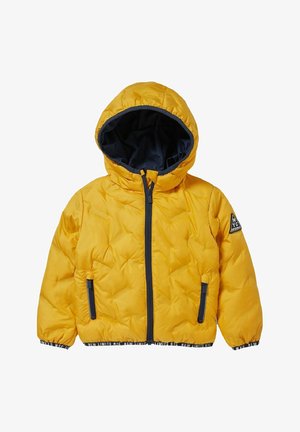 Żółta kurtka puchowa z kapturem, z zamkiem błyskawicznym i kontrastowym granatowym podbiciem. Zawiera dwie boczne kieszenie i ściągacze na rękawach.