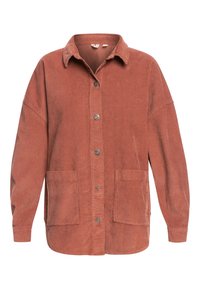 Chemise en velours côtelé couleur rouille, boutonnée, avec manches longues, col et deux poches plaquées à l'avant.