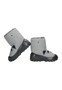 Grijze stoffen laarzen met een gestructureerde afwerking, voorzien van een zwarte rubberen zool, ronde neus en marineblauwe accenten nabij de enkel.