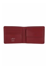 Portefeuille bifold en cuir rouge ouvert montrant quatre emplacements pour cartes à gauche et une poche à monnaie avec rabat à droite, étiqueté RFID sécurisé.