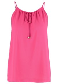 Pink, lightweight sleeveless top with adjustable spaghetti straps and a drawstring neckline; features smooth texture and gold accent hardware.