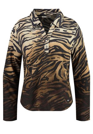 Chemise à manches longues avec col, motif rayures tigre dans des nuances de brun, noir et beige, avec une patte de boutonnage à trois boutons.
