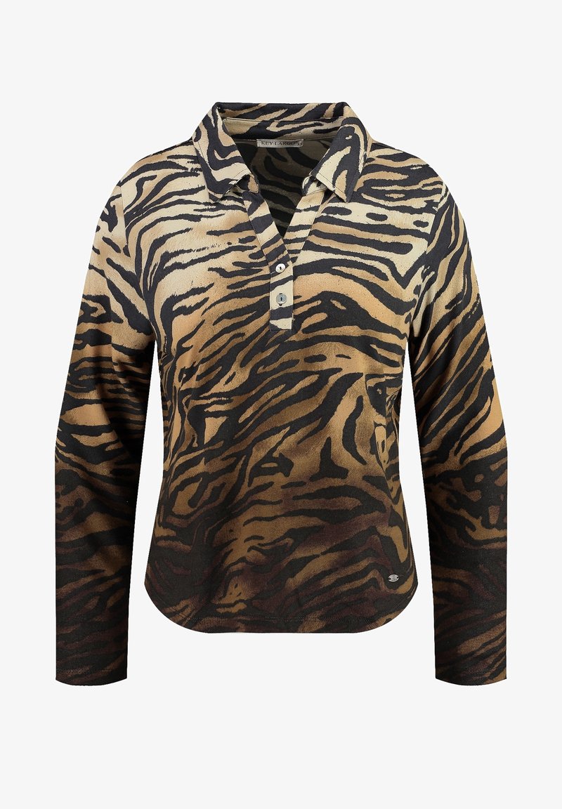 Chemise à manches longues avec col, motif rayures tigre dans des nuances de brun, noir et beige, avec une patte de boutonnage à trois boutons.