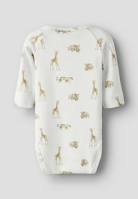 Kremowy śpioszek w wzór z żyrafami, gepardami i dzikami. Wykonany z miękkiej tkaniny, z krótkimi rękawami i okrągłym dekoltem.