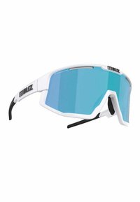 Occhiali da sole sportivi bianchi con un design delle lenti ampio. Lenti a specchio blu, naselli regolabili e dettagli neri sulle tempie per una migliore presa.