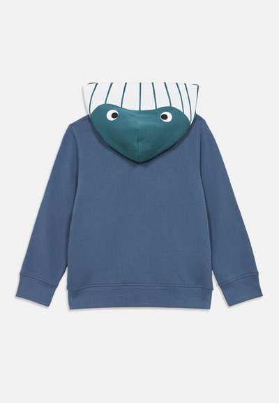 Blue long-sleeve hoodie with a hood featuring a playful sea creature face and white and blue striped pattern on top.