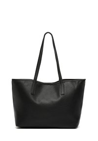 Čierna kožená taška cez rameno s textúrovaným povrchom, dvoma dlhými rúčkami, priestranným dizajnom, otvoreným vrchom a bez viditeľného hardvéru alebo ozdôb.