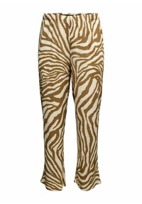 Pantalon à motifs zèbre marron et crème avec un tissu texturé, taille mi-haute et légère évasement en bas. Design avec ceinture élastique.