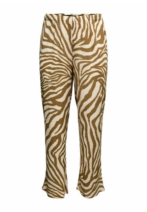 Brązowo-kremowe spodnie w paski zebry z teksturowanej tkaniny, z średnim stanem i lekkim rozszerzeniem na dole. Projekt z elastycznym paskiem w talii.
