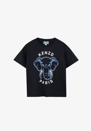 T-shirt en coton bleu marine avec un graphique d'éléphant et le texte "KENZO PARIS" en blanc et bleu clair. Manches courtes, col rond.