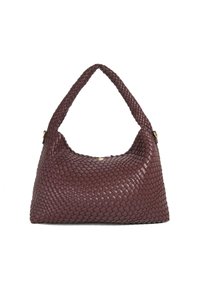 Woven burgundy leather handbag with a structured, elongated shape and a curved handle. Features smooth texture and a subtle gold hardware accent.