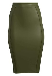 Olivgrüner Bleistiftrock aus glattem, dehnbarem Material mit Nahtdetails für eine figurbetonte Silhouette. Mittellanges Design.