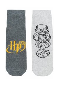 Two ankle socks, one gray with yellow "HP" and snake logo, one white with black skull and snake design.