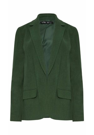 Blazer verde scuro su misura con revers a lancia, tasche frontali con patta e fodera interna liscia.