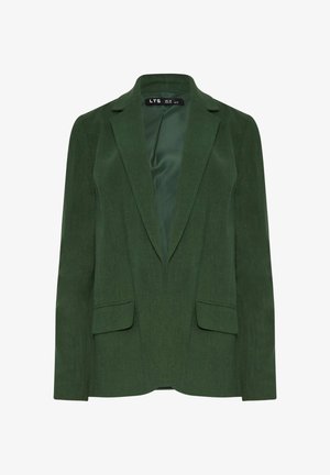 Veste tailleur vert foncé avec revers crantés, poches à rabat à l'avant et doublure intérieure lisse.