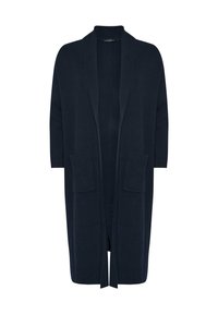Cardigan lungo blu navy realizzato in tessuto morbido, con colletto a scialle, apertura frontale, maniche a tre quarti e due tasche frontali.