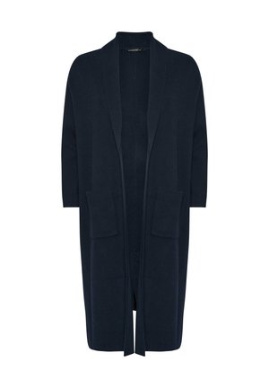 Mørkeblå lang cardigan lavet af blødt stof, med sjalskrave, åben front, trekvartærmer og to frontlommer.