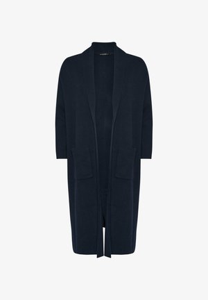 Navy longline cardigan made of soft fabric, featuring a shawl collar, open front, three-quarter sleeves, and two front pockets.