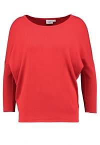 Roter Strickpullover mit weitem, rundem Ausschnitt, überschnittenen Schultern und gerippten Ärmelakzenten. Die Textur wirkt weich und bequem.