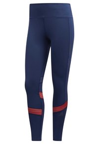 Granatowe legginsy wykonane z elastycznej tkaniny, z czerwonymi paskami po bokach oraz gładkim, dopasowanym krojem i szerokim pasem.