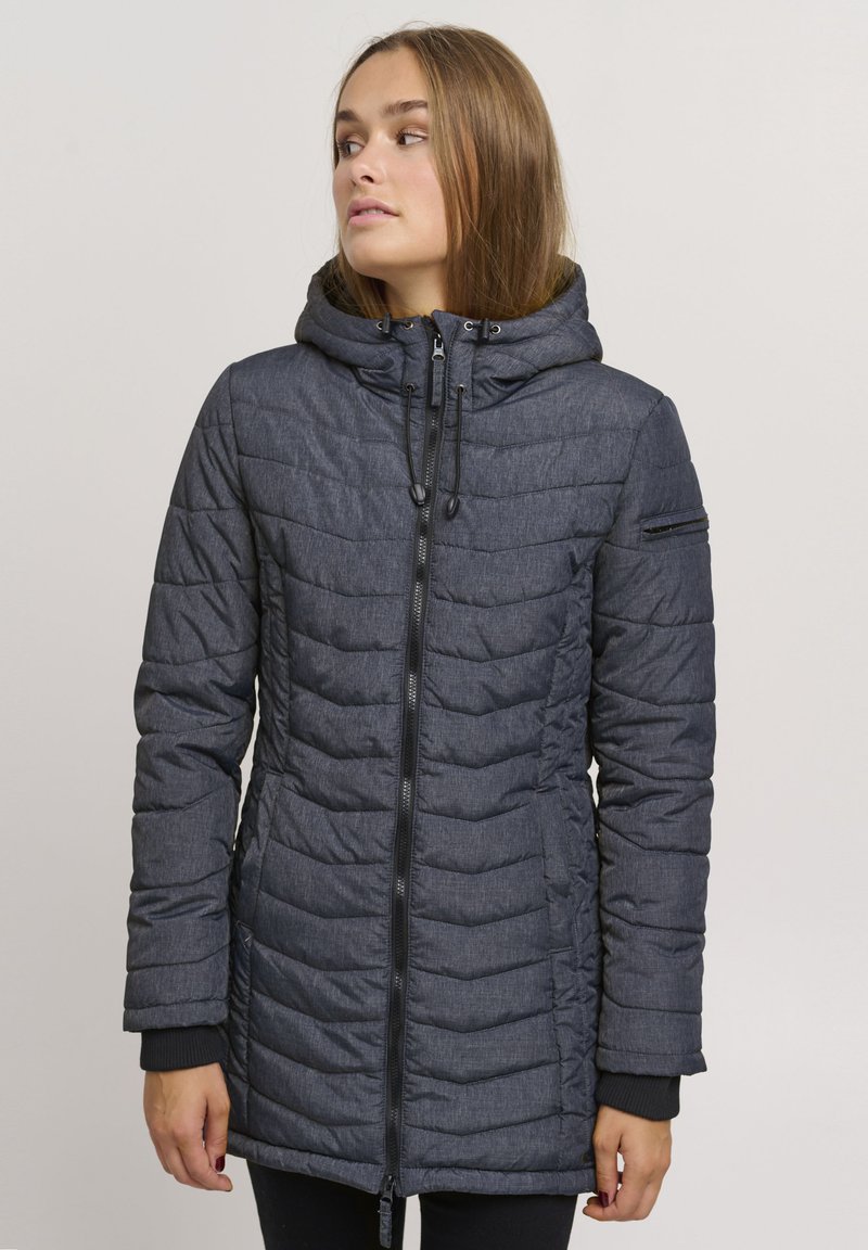Padded dark gray jacket with a hood, featuring a front zip, side pockets, and ribbed wrist cuffs. Textured fabric with horizontal stitching.