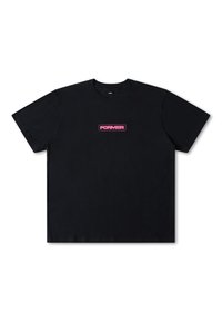 Black cotton t-shirt featuring short sleeves, a crew neck, and a rectangular pink "FORMER" logo on the front.