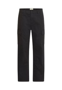 Black cargo pants made of sturdy fabric with flat front, two side pockets, and straight leg cut. Features a button closure at the waist.
