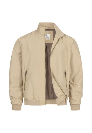 Beige lichtgewicht jas met hoge kraag, gedeeltelijk openstaande rits aan de voorkant, met ritssluitingen afgesloten zijzakken en geribbelde boorden en zoom.