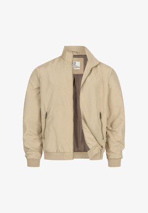 Beige lichtgewicht jas met hoge kraag, gedeeltelijk openstaande rits aan de voorkant, met ritssluitingen afgesloten zijzakken en geribbelde boorden en zoom.