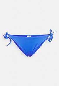 Parte de baixo de biquíni azul, feita de um tecido suave e elástico. Apresenta laços laterais para um ajuste ajustável e um corte baixo. Sem padrões ou detalhes visíveis.