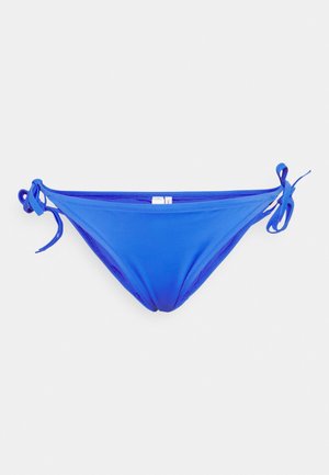 Parte de baixo de biquíni azul, feita de um tecido suave e elástico. Apresenta laços laterais para um ajuste ajustável e um corte baixo. Sem padrões ou detalhes visíveis.