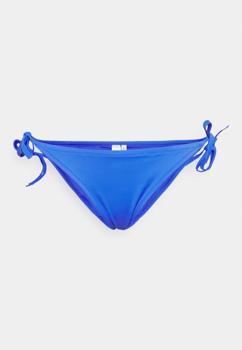 Parte de baixo de biquíni azul, feita de um tecido suave e elástico. Apresenta laços laterais para um ajuste ajustável e um corte baixo. Sem padrões ou detalhes visíveis.