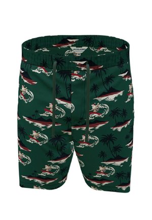 Grüne Badehose mit einem Surf- und Palmenmuster, elastischem Bund mit Kordelzug und einer glatten Stoffoberfläche.