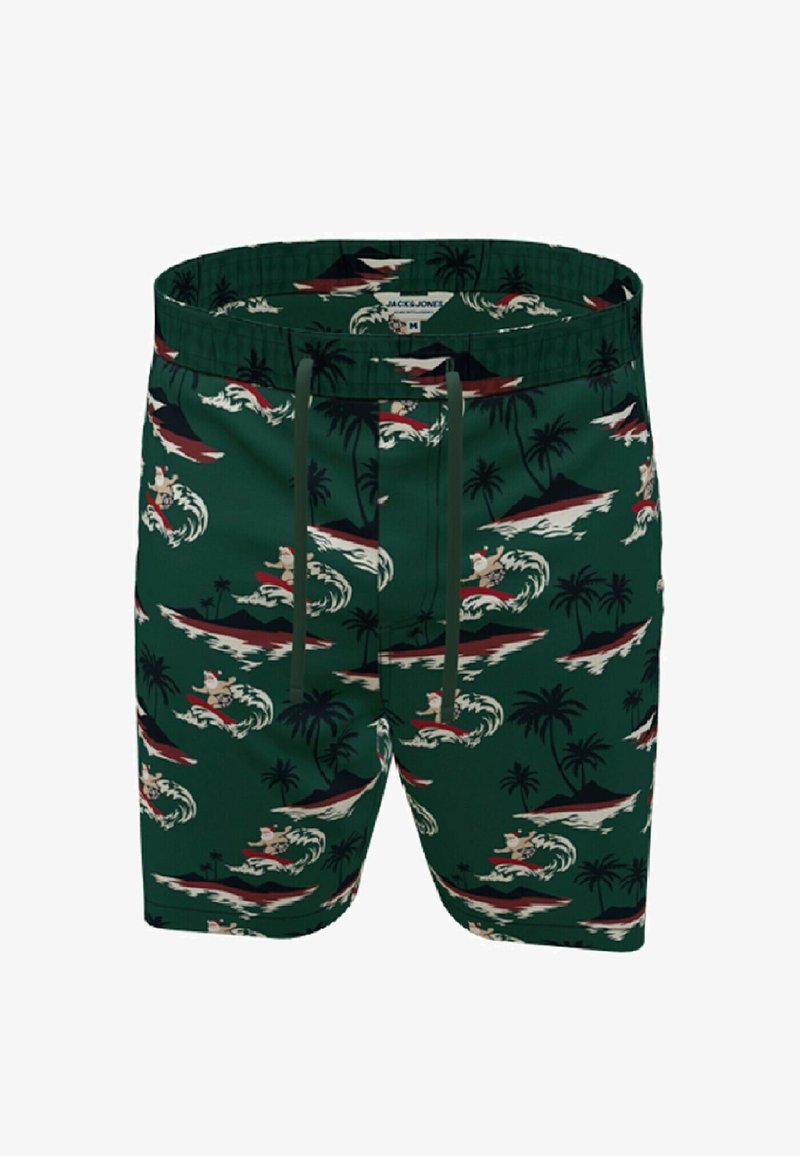 Green swim trunks featuring a surf and palm tree pattern, elastic waistband with drawstring, and a smooth fabric texture.
