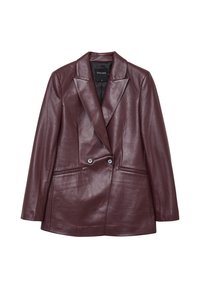 Blazer doppiopetto in ecopelle bordeaux scuro con revers e due tasche frontali, esposto su uno sfondo bianco.