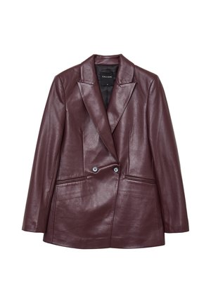 Dark burgundy double-breasted faux leather blazer with notch lapels and two front pockets, displayed on a white background.