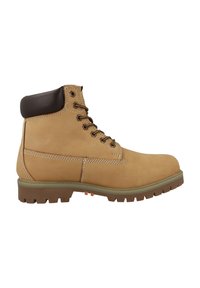 Bota de trabajo de cuero color tan con detalles en marrón, cierre frontal con cordones, cuello acolchado, punta reforzada y suela resistente para tracción.