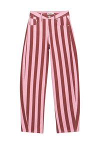 Pantalon à jambes larges avec des rayures verticales roses et marron, poches avant, passants pour ceinture et fermeture par bouton à la taille.