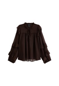 Lange mouwen blouse in bruin, gemaakt van lichtgewicht stof met ruches op de mouwen en de halslijn, voorzien van een strikdetail aan de voorkant.