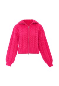Maglione corto con zip di un vivace rosa, caratterizzato da un motivo a trecce, colletto alto e maniche a palloncino per un aspetto texturizzato e accogliente.