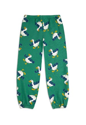 Grüne Baumwoll-Pyjama-Hose mit einem Muster aus weißen Enten und blauer Schrift "LA OCA". Bündchen an den Knöcheln und ein elastischer Bund.