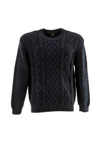 Maglione blu scuro in tessuto lavorato a maglia, caratterizzato da un motivo a diamante e a cavo testurizzato. Polsini e orlo a costine, design a girocollo.