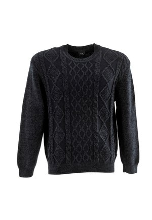 Donker marineblauwe trui van gebreide stof met een gestructureerd ruit- en kabelpatroon. Ribgebreide manchetten en zoom, ontwerp met ronde hals.
