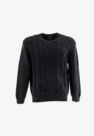 Donker marineblauwe trui van gebreide stof met een gestructureerd ruit- en kabelpatroon. Ribgebreide manchetten en zoom, ontwerp met ronde hals.