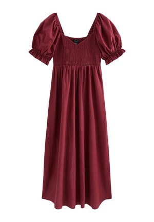 Bordeaux midi-jurk met geplooide korte mouwen, een gerimpeld aansluitend lijfje, een vierkante halslijn en een vloeiende geplooide rok.