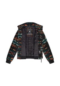 Giacca a più motivi con base nera, caratterizzata da design geometrici in teal, arancione e marrone. Interno foderato con chiusura a zip.
