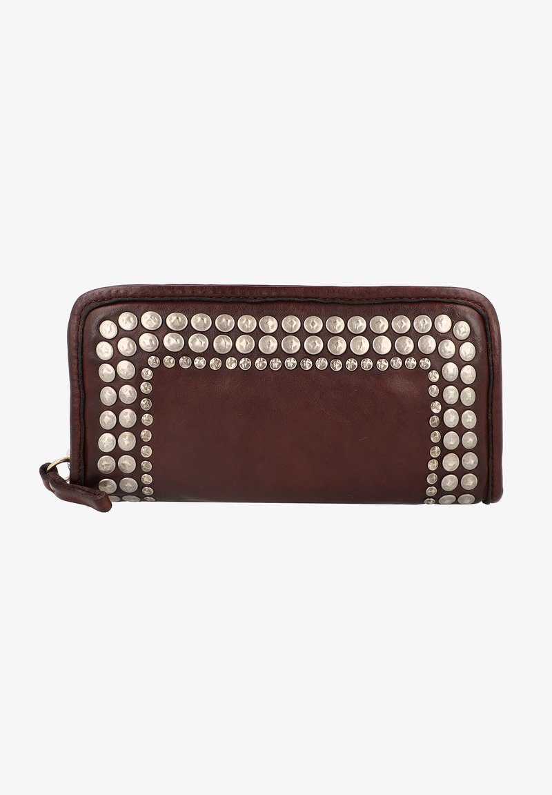 Brown leather wallet with silver studded accents along the edge. Rectangular shape with a zip closure and a textured surface.